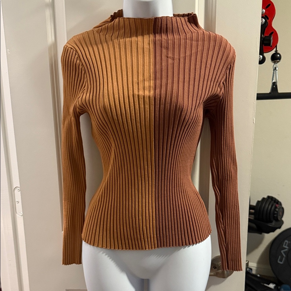 Velvet Two-Tone Ribbed Blouse - Orange and Brown